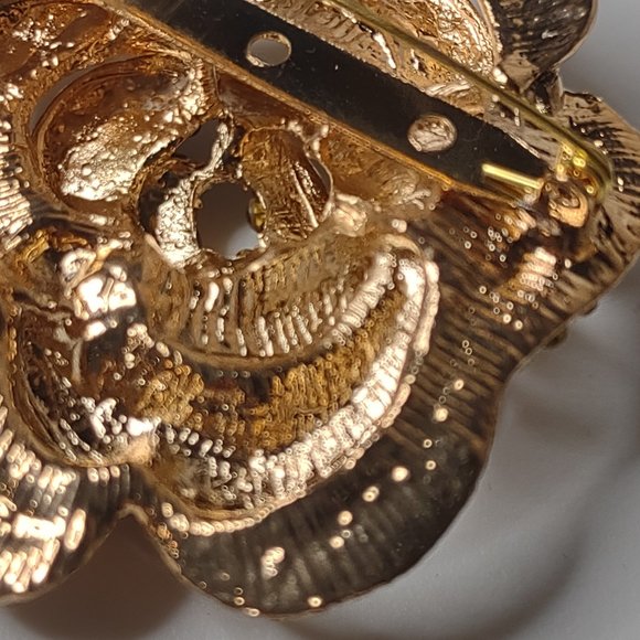 Heavy Metal Rhinestone Gold Tone Large Rose Brooch - Picture 12 of 13